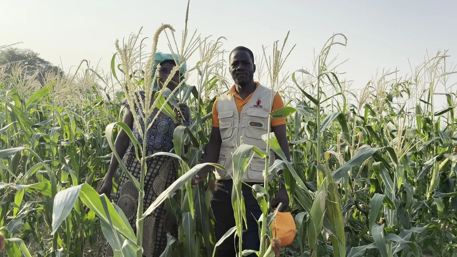 An Inside-Out team member and a farmer standing in the maize crop in Munyama